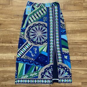CHICO’S 1 M A-Line Maxi Skirt Blue Green Geometric Aztec Art Southwestern Slit